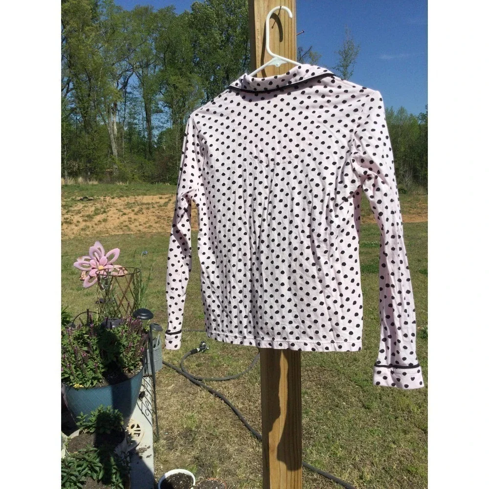 Kate Spade Womens Pajama Top Sz XS Pink Black Polka Dot Cotton PJ Preppy Classic